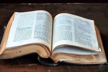 Obraz premium An open vintage book on a wooden table, inviting readers into a classic literary adventure