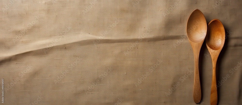Aufkleber Top view of a copy space image featuring a wooden spoon and fork placed on a background of sackcloth