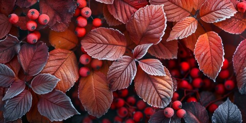 Frosty autumn leaves with vibrant red berries