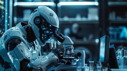 Fototapeta premium The robot is looking through a microscope