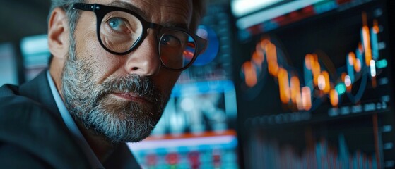 Fototapeta premium Concept of business growth and success in the stock market, with a businessman analyzing a stock market chart 8K , high-resolution, ultra HD,up32K HD