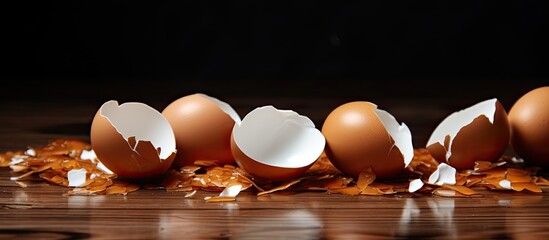 A wooden background provides copy space for a close up image of shattered organic brown eggshells