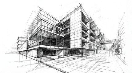 Complex architectural ink drawing of a modern building.