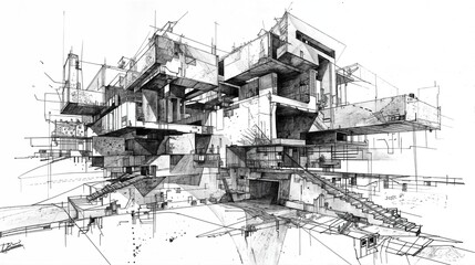Complex architectural ink drawing of a modern building.