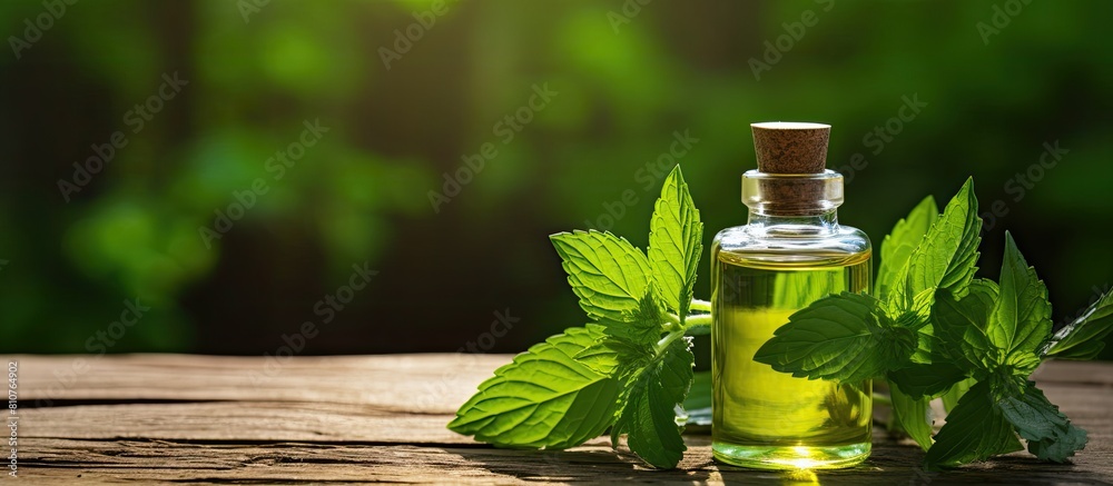 Poster a bottle of refreshing essential oil and fresh mint placed on a rustic wooden table with plenty of r
