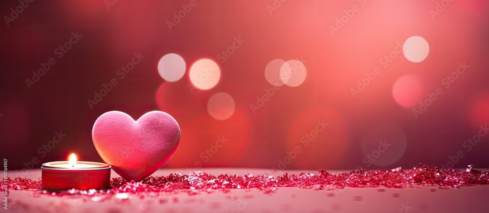 Poster A romantic Valentine s Day setting with a pink heart atop a vibrant red background The image showcases the essence of Valentine s Day featuring a flat lay composition with a captivating bokeh effect