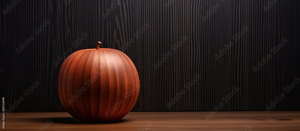 Poster A decorative flat wood apple shape is placed on a dark wood background creating a fall themed copy space image