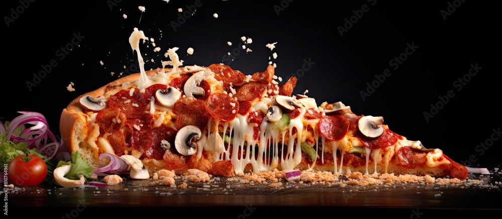 Poster a slice of scrumptious pizza with a variety of toppings. Creative banner. Copyspace image