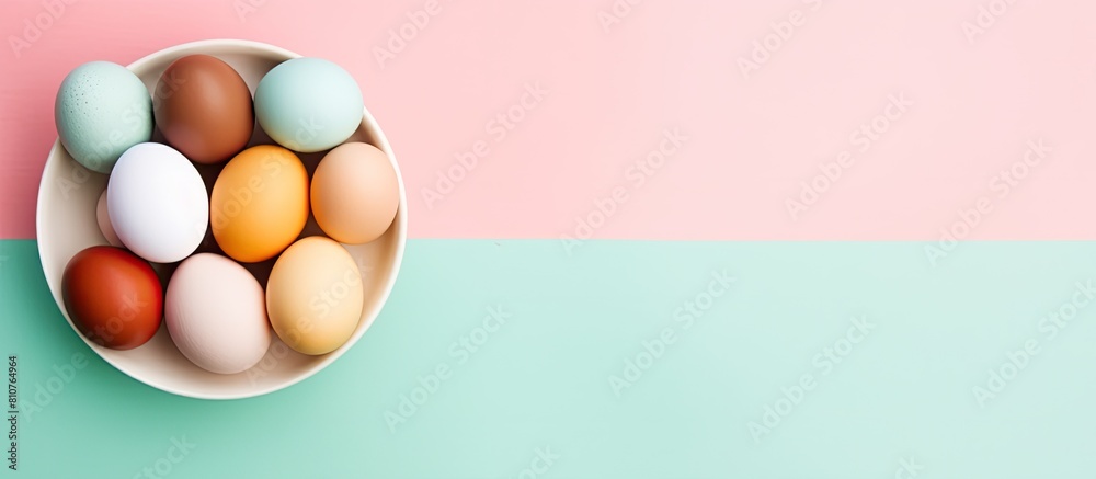 Poster the top view shows colorful boiled eggs on a pastel background with copy space it represents a healt