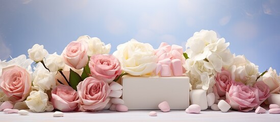 There is a copy space image showcasing beautifully crafted marshmallows in the shape of roses hydrangeas and tulips placed on a light background The arrangement is accompanied by nearby flowers symbo