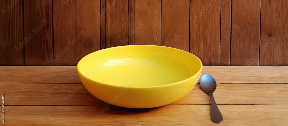 Poster copy space image available for design work with an empty yellow plastic dish and spoon on a wooden f