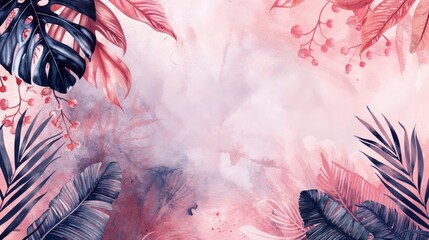 Natural Watercolour Illustration with Plants. Colourful Design Background with copy-space.