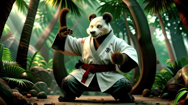 Cute panda in karate uniform. Generative AI