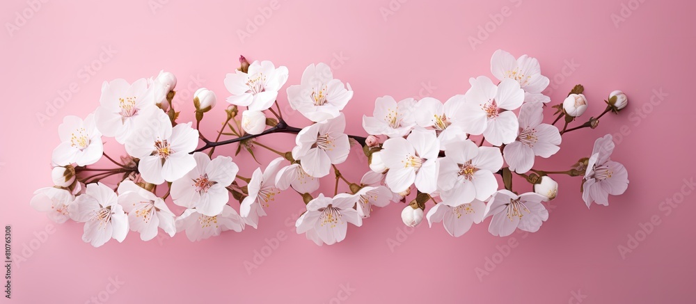Aufkleber A top view of a beautiful bouquet of delicate white flowers resting on a pink background with plenty of space for text or other elements. Creative banner. Copyspace image