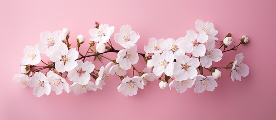 Fototapeta premium A top view of a beautiful bouquet of delicate white flowers resting on a pink background with plenty of space for text or other elements. Creative banner. Copyspace image
