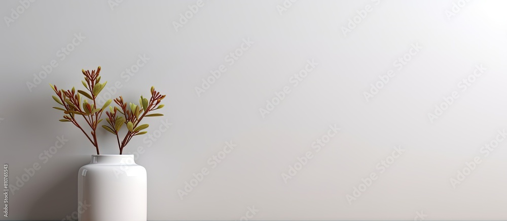 Leinwandbilder A mock up of a wooden white frame for text stands vertically against a gray background It features a decorative vase with plants reflecting a stylish design with ample space for text Copy space image