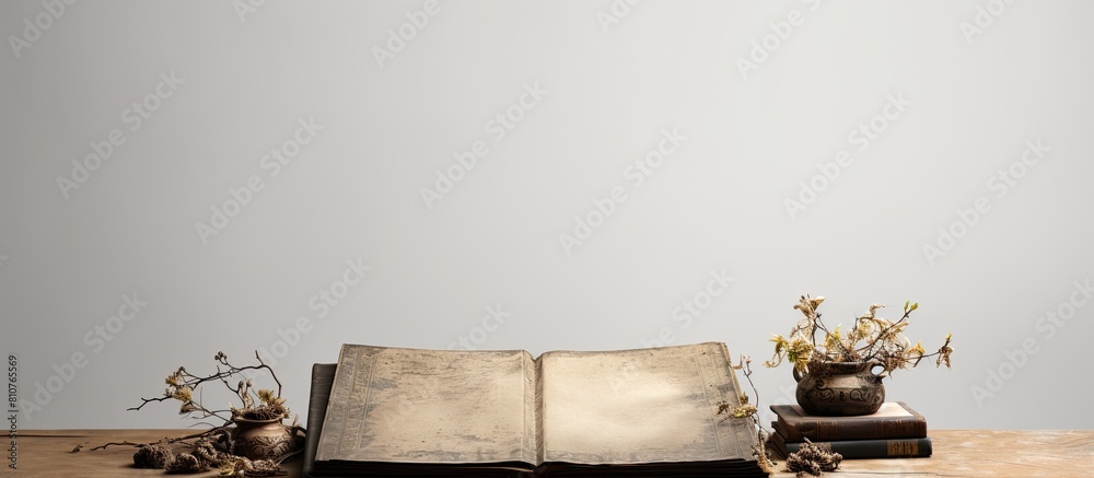 Poster Ancient book resting on table contrasting against a white backdrop with plenty of empty space around it for additional elements in an image