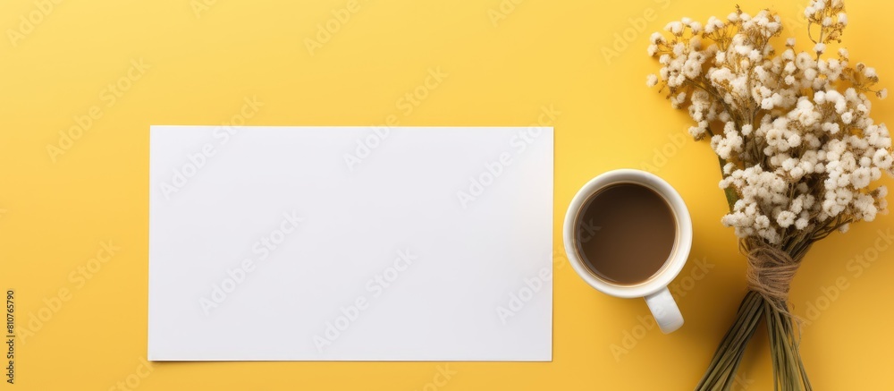 Poster Yellow background with a flat lay of a mockup paper blank accompanied by a coffee cup and a bouquet of herbs flowers Ample copy space is available