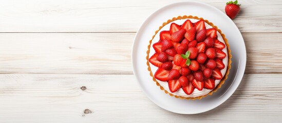 Top view of a delectable American strawberry dessert placed on a white wooden table The sweet dish features a combination of tart cake and pastry creating a mouthwatering treat Ample copy space image