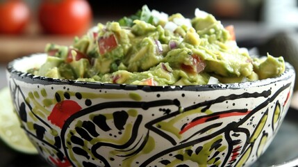 A colorful bowl filled with guacamole, a feast for the eyes as well as the taste buds