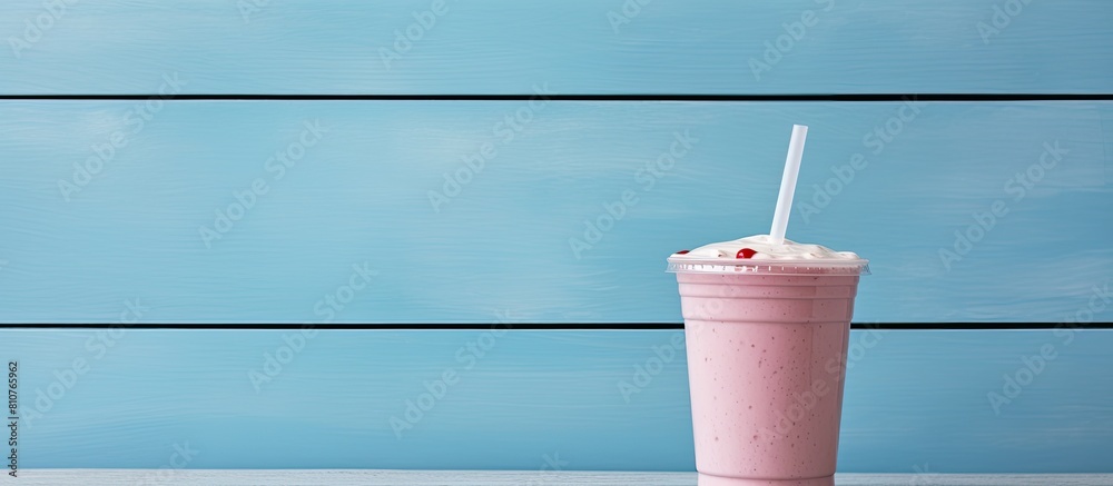 Poster a delicious smoothie is presented in a plastic cup on a light blue table complemented by a white woo