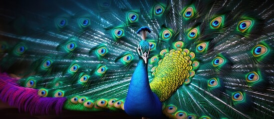 Obraz premium A stunningly colored African peacock is portrayed with its feathers displayed in a close up view creating a captivating and beautiful image. Creative banner. Copyspace image