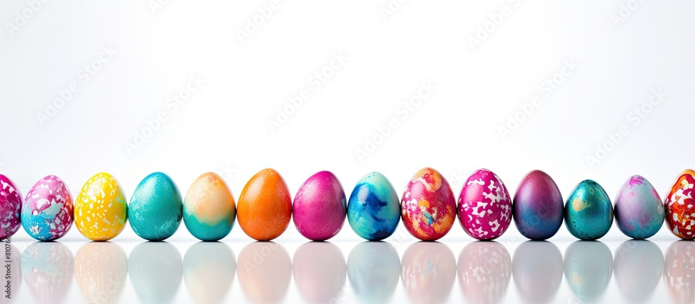 Aufkleber Blurred and colorful Easter eggs are displayed on a white background with ample space for text or other images 112 characters