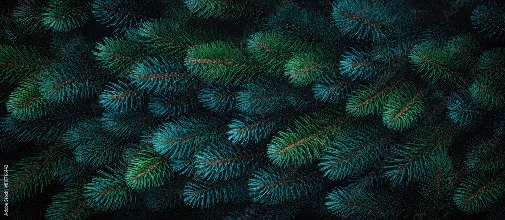 Poster A New Year holiday concept with a colorful background of green fir tree branches seen from above providing ample copy space for designs or text