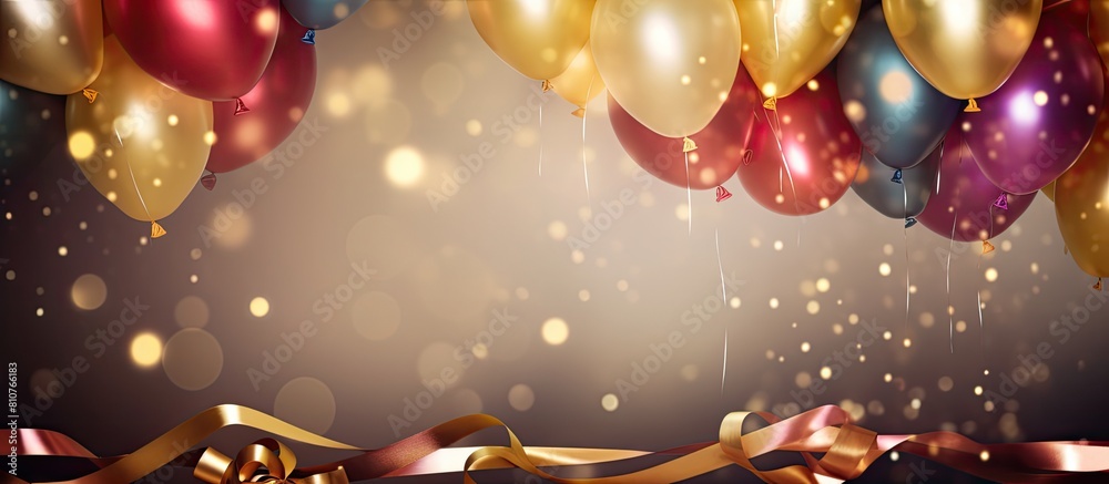 Poster a festive banner showcasing gold serpentine colorful balloons with confetti set against a shiny boke