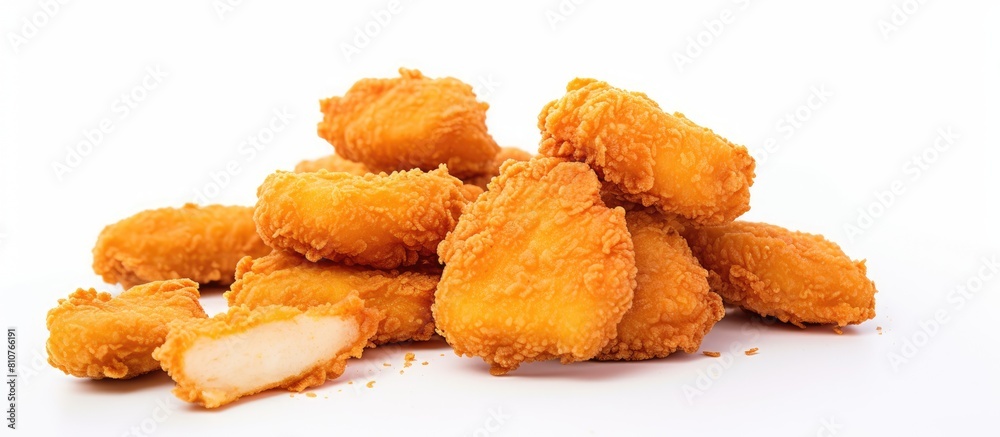 Poster a copy space image of fried chicken nuggets on a white background
