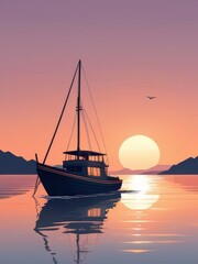 Naklejka premium flat illustration of boat in the lake and sunset