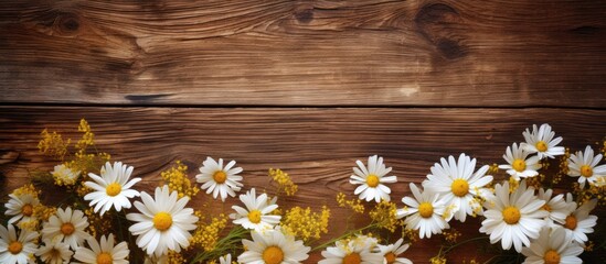 Obraz premium Copy space image of chamomile flowers on a horizontal brown wooden background with an abstract texture