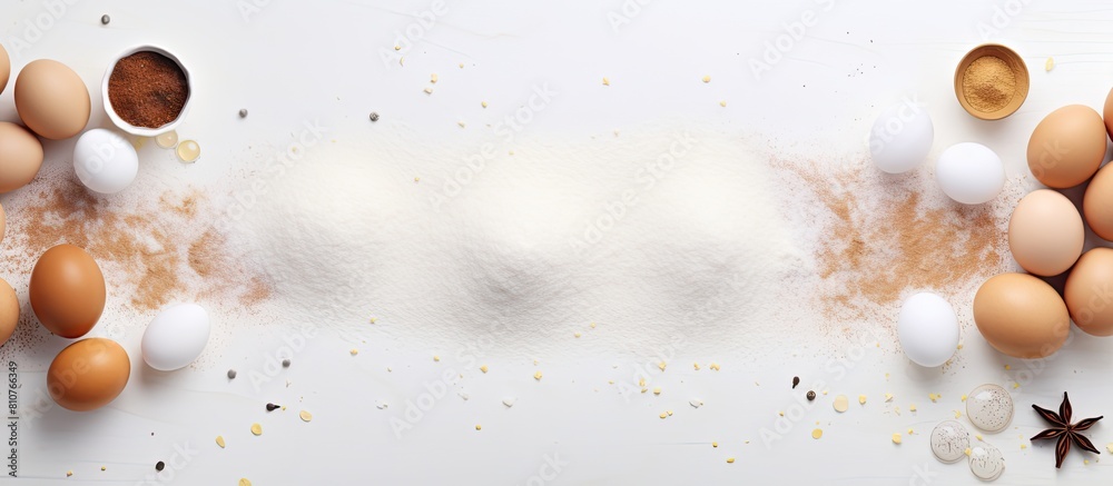 Aufkleber Top view of eggs and flour on a white background creating a copy space image for baking preparation