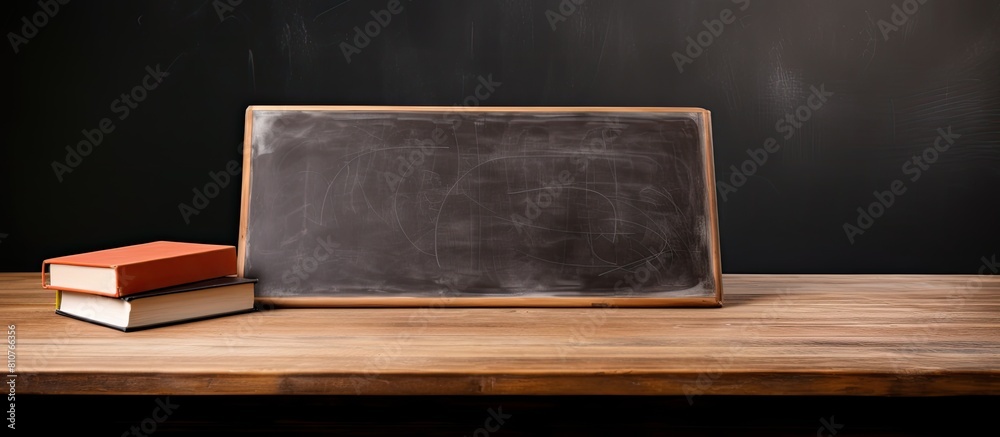 Poster a copy space image of an open book on a wooden school desk with the school blackboard background