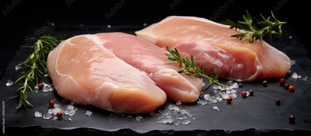 Poster A view from the top of raw sliced chicken breast fillet steaks on a marble board with a black background leaving space for a picture. Creative banner. Copyspace image