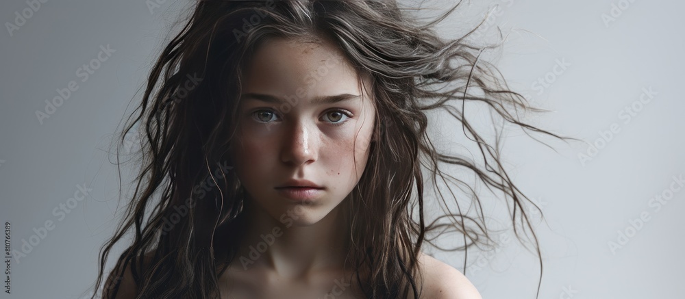 Poster In the image a young girl in a state of extreme distress can be seen as she is captured in a portrait against a plain white backdrop. Creative banner. Copyspace image