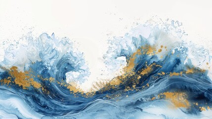 Artistic watercolor capturing the movement of fairytale waves, the fluid gold and blue strokes bringing fantasy and magic to life