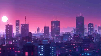 Naklejka premium Drawing cityscapes at night flat design side view illuminated urban theme Splitcomplementary color scheme