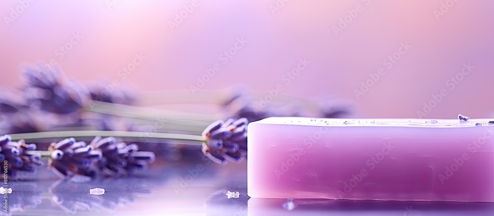 Aufkleber The image displays a lavender scented organic soap bar resting on a background of violet color The handmade soap highlights the concept of spa products and skincare while leaving empty space for text