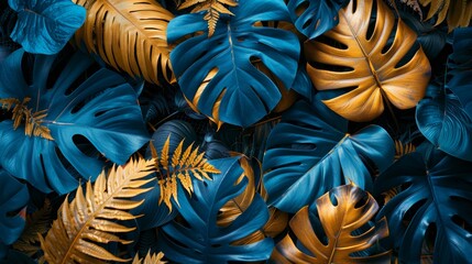 Bright Monstera leaves in blue and gold, surrounded by luxurious ferns and plants, creating a high-end, tropical vacation background