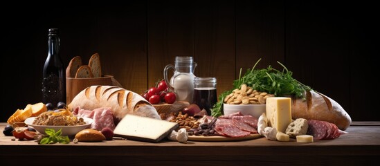 A nutrition themed concept photo of a breakfast spread showcasing freshly baked bread accompanied by cheese meat and a cup of coffee captured against a white background with copy space