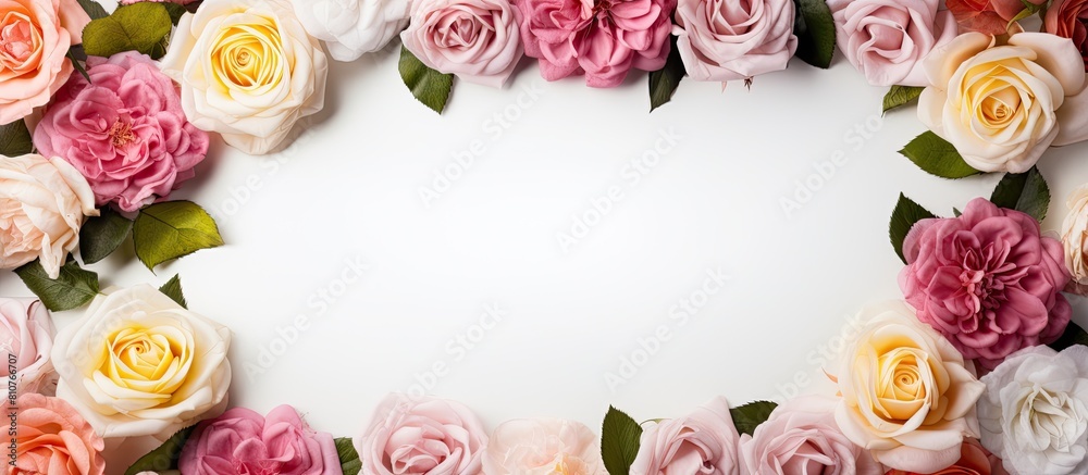 Poster a stunning background of colorful roses surrounds a frame leaving a blank space for an image. creati