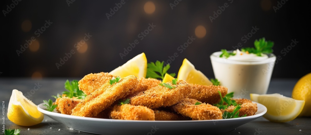Aufkleber A close up view of fresh fish fingers coated in breadcrumbs served with sauce and a slice of lemon on a grey table providing ample copy space for the image