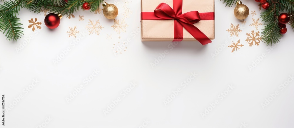 Poster A Christmas gift box adorned with fir and decorations is showcased on a white background The image offers ample copy space and is captured from a top down perspective creating a flat lay composition