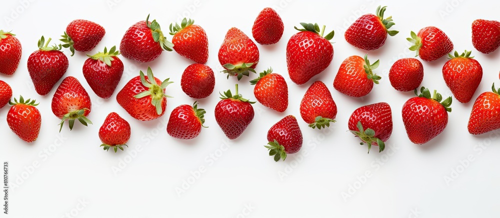 Poster a top down view of juicy ripe strawberries rests on a pristine white surface evoking the essence of 