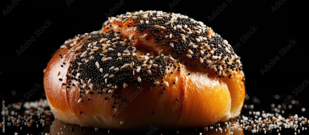Poster close up of a deliciously baked bun with poppy seeds on a black background perfect for showcasing in