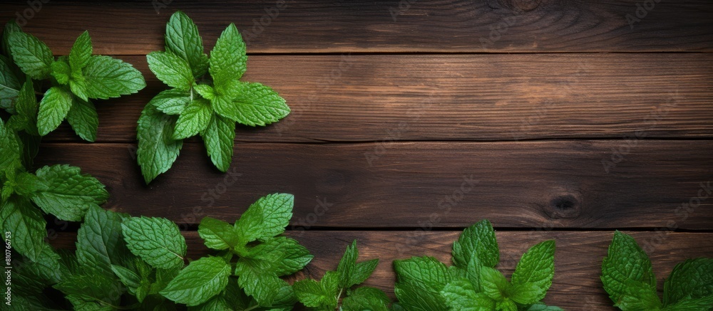 Poster Top down view of a copy space image featuring fresh and fragrant mint leaves arranged on a rustic wooden background