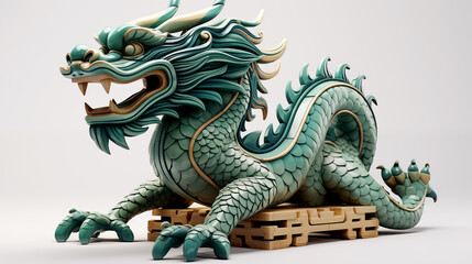 Fototapeta premium A large green dragon is laying on a wooden platform