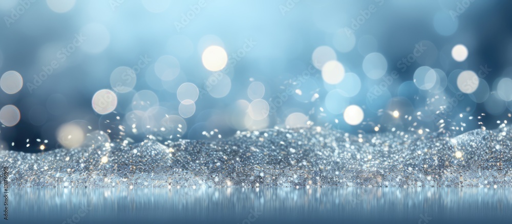 Poster Sparkling greeting card with an abstract bokeh lights on a silver glitter background New year and Christmas concept Perfect for a copy space image 150 characters