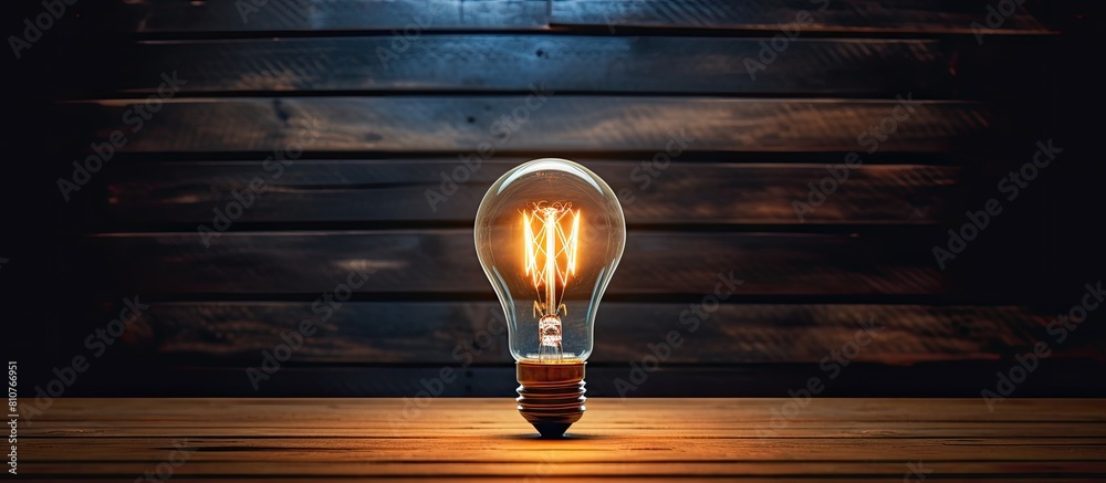 Poster a vintage colored light bulb glows on a wooden plank in a silhouette background with a bottom view p